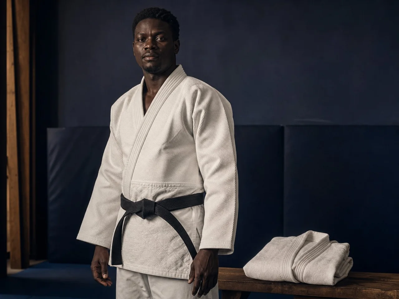 Pratiquant en kimono de judo blanc à l’entraînement, visuel d’illustration généré