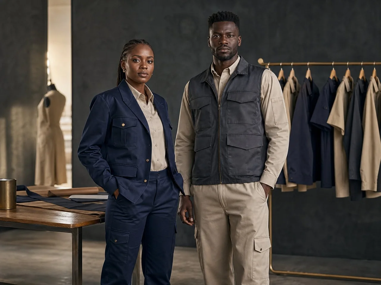 Deux professionnels en vestes et pantalons de travail coordonnés, visuel d’illustration généré