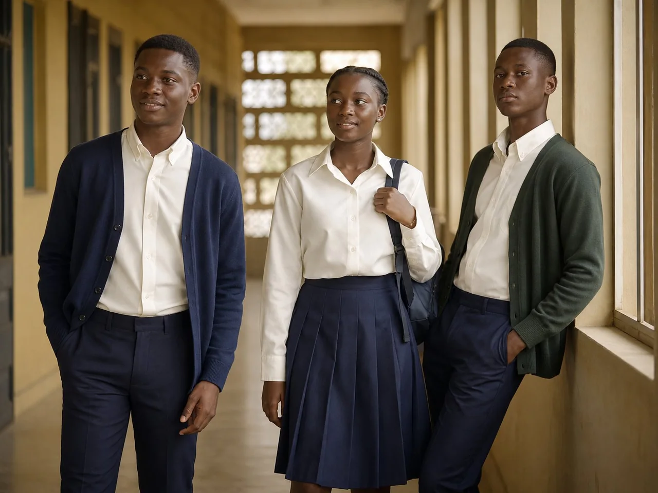 Élèves en uniformes scolaires bleu marine et ivoire, visuel d’illustration généré