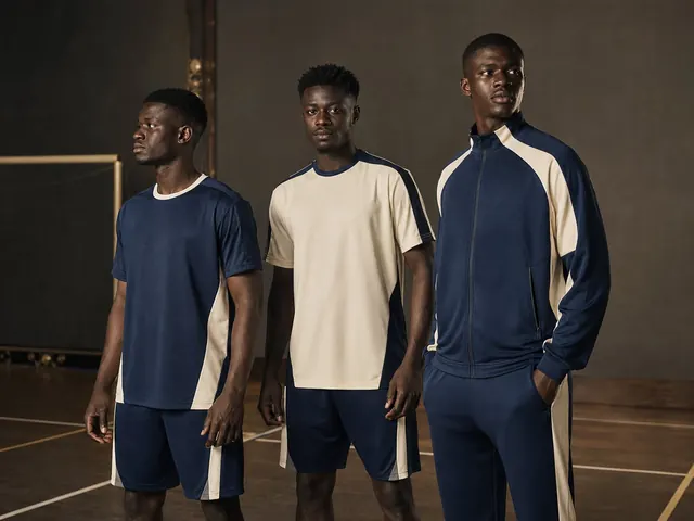 Équipe en maillots et ensembles sportifs bleu marine et ivoire, visuel d’illustration généré
