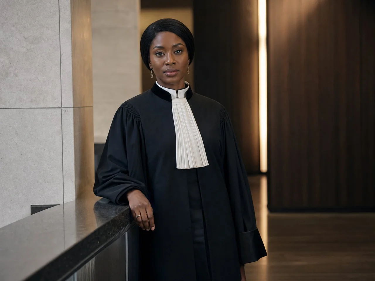 Avocate en robe juridique noire et col ivoire, visuel d’illustration généré